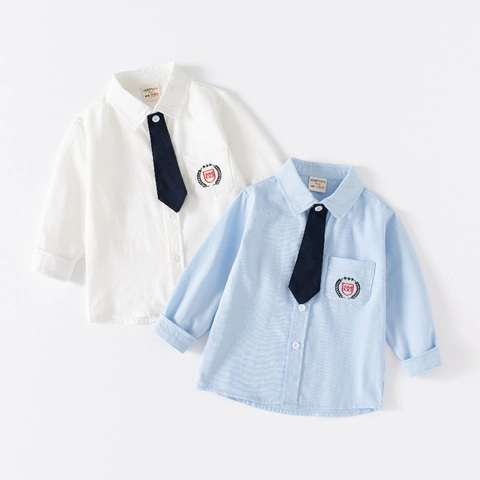 Boys Long Sleeve Cotton Shirt With Tie Embroidered Badge Preppy School Uniform Formal Korean Style Dress Shirt Top Kids
