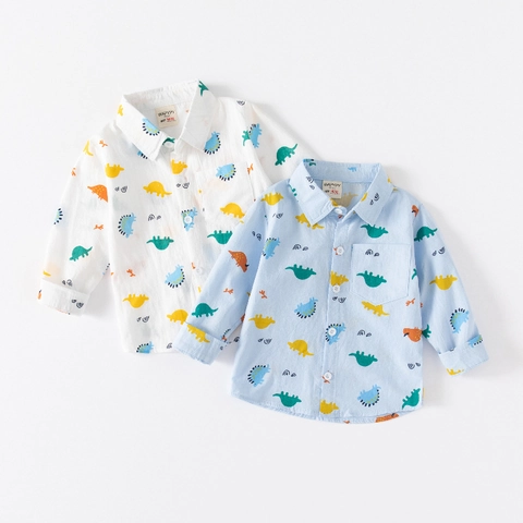 Camicia da Bambino in Cotone Con Stampa di Dinosauri a Maniche Lunghe Top Casual con Bottoni per Bambini Primavera Autunno