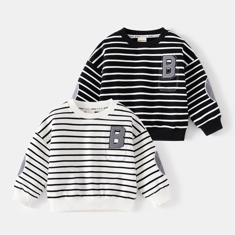 Felpa in Cotone a Righe per Bambini con Toppa Lettera B e Gomitiere Pullover Ragazzi Ragazze Autunno Top Casual