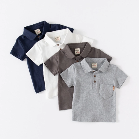 Polo a Maniche Corte per Ragazzi in Misto Cotone Tinta Unita Colletto a Revers Tasca Top per Bambini Neonato Estate Casual