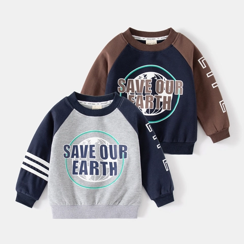 Jongens Casual Katoenmix Raglanmouw Sweatshirt Save Our Earth Bedrukt Kleurblok Pullover Top Voor Kinderen