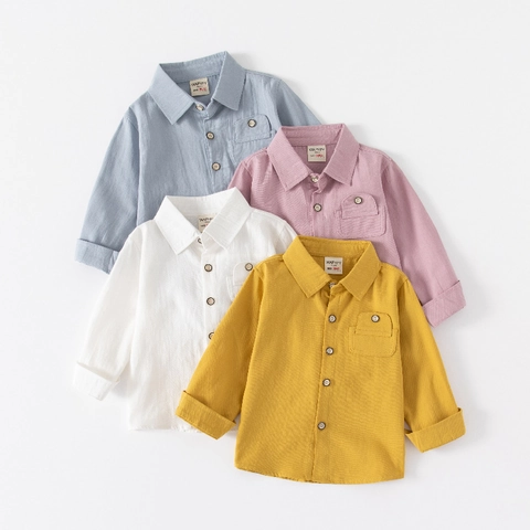 Jongens Lange Mouw Katoenen Overhemd Casual Effen Kleur Button Down Top Met Zak Voor Peuters Kinderen Lente Herfst Kleding