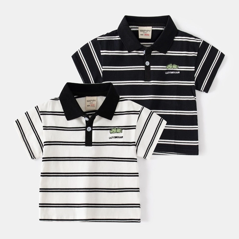 Boys Striped Polo Shirt Cotton Blend Short Sleeve Toddler Kids Dinosaur Embroidered Lapel Casual Top Summer Clothes