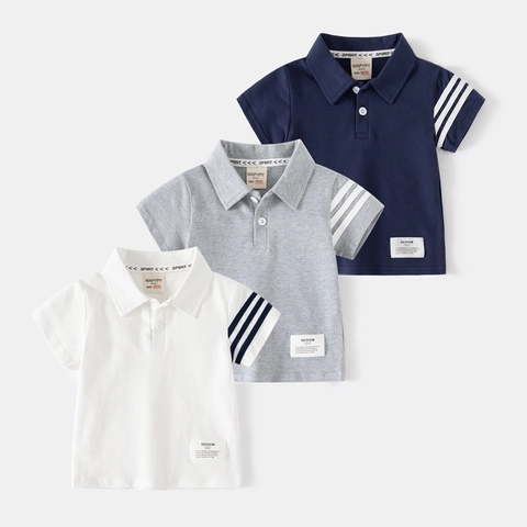 Boys Cotton Blend Short Sleeve Polo Shirt Casual Striped Sleeve Breathable Toddler Summer Polo Top For Kids