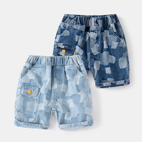 Pantaloncini di Jeans Casual per Ragazzi Patchwork Lavato in Cotone per l'estate Bambini Stile Coreano Pantaloncini con Tasche Cargo e Vita Elastica