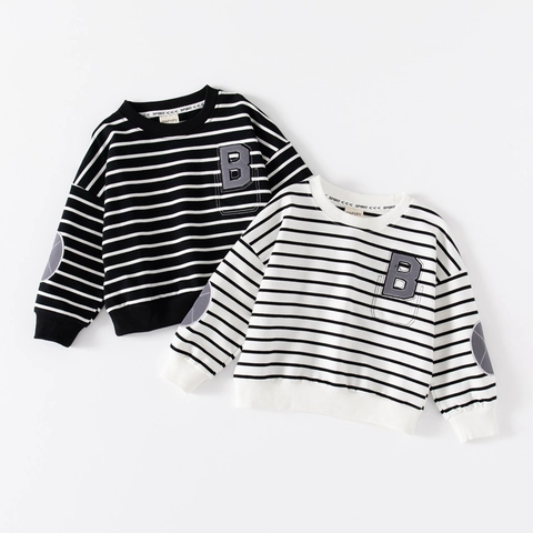 Felpa in Cotone a Righe per Bambini con Toppa Lettera B e Gomitiere Pullover Ragazzi Ragazze Autunno Top Casual