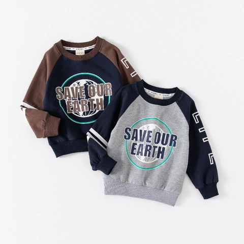 Jongens Casual Katoenmix Raglanmouw Sweatshirt Save Our Earth Bedrukt Kleurblok Pullover Top Voor Kinderen