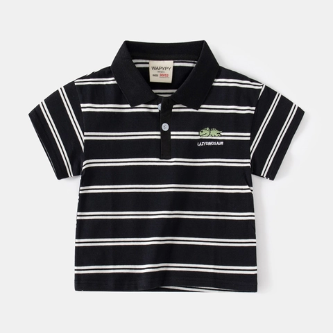 Boys Striped Polo Shirt Cotton Blend Short Sleeve Toddler Kids Dinosaur Embroidered Lapel Casual Top Summer Clothes