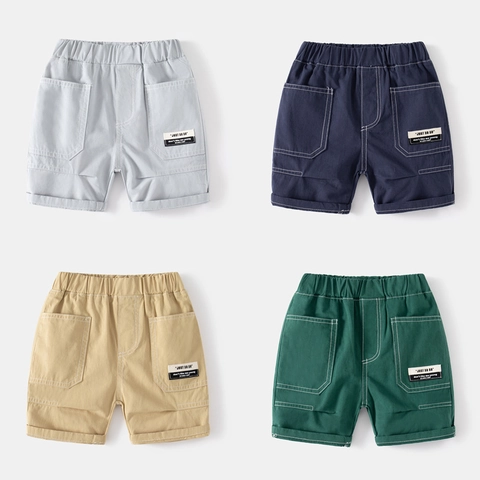 Boys Cargo Shorts Summer Cotton Casual Kids Mid Length Pants Elastic Waist Shorts With Large Pockets Woven Label Boys Clothing