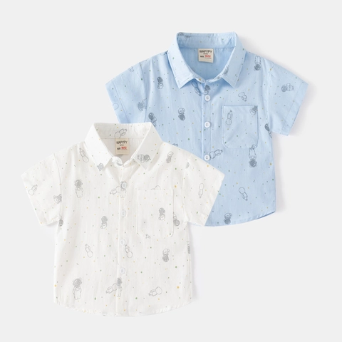 Camicia a Maniche Corte Casual in Cotone per Bambini Ragazzi con Stampa di Astronauti Spaziali e Pianeti Top Morbido Estivo