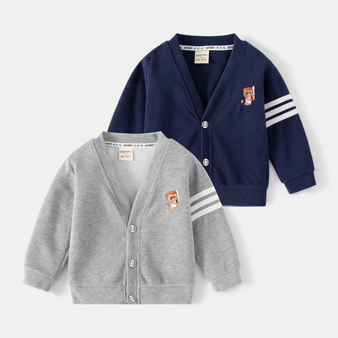 Kinderen Jongens Katoenmix Gebreid Cardigan V-hals Knoopsluiting Trui Met Beer Borduurwerk Gestreepte Mouw Peuter Lente Bovenkleding