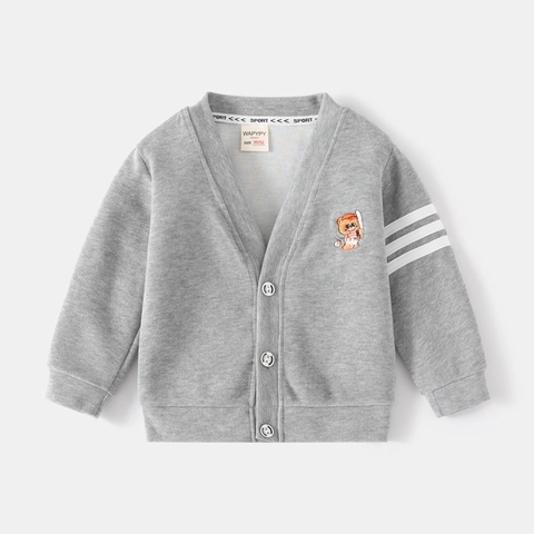 Kinderen Jongens Katoenmix Gebreid Cardigan V-hals Knoopsluiting Trui Met Beer Borduurwerk Gestreepte Mouw Peuter Lente Bovenkleding