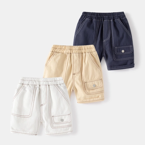 Pantaloncini Cargo in Misto Cotone per Ragazzi Stile Coreano Cuciture a Contrasto Tasche Multiple Pantaloncini Estivi Bambini