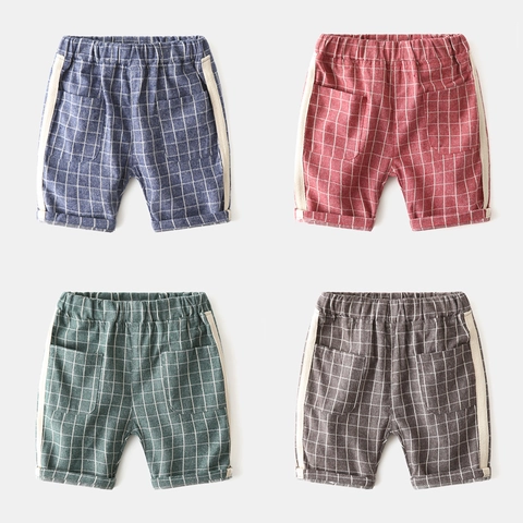 Boys Summer Plaid Shorts Casual Cotton Blend Mid Length Bottoms For Kids With Elastic Waist Pockets Gingham Pattern Fashion Pants