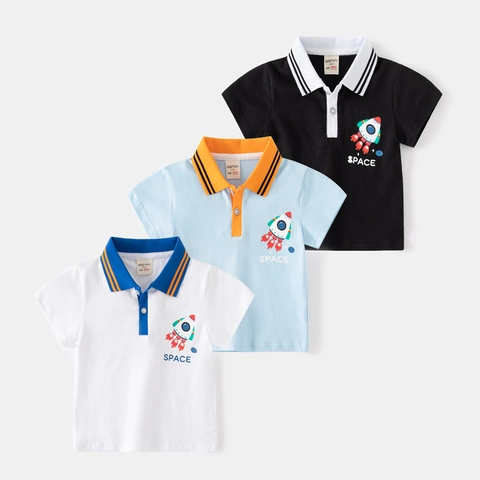 Boys Short Sleeve Polo Shirt Cotton Blend Cartoon Rocket Print Lapel Summer Casual Toddler Kids T-Shirt Breathable Top