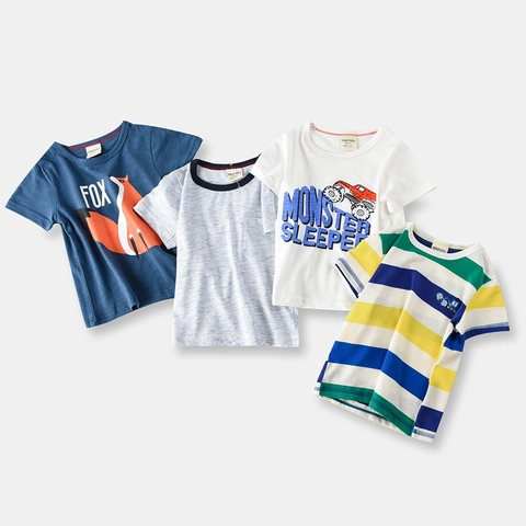 T-Shirt a Maniche Corte in Cotone Slub per Ragazzi Cartoon Volpe Monster Truck Escavatore Stampata Girocollo Bambino Top