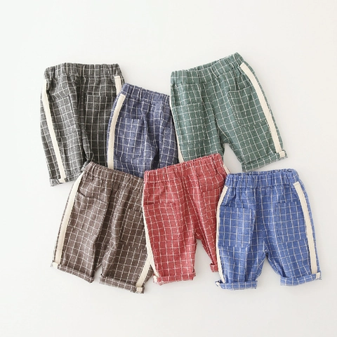 Boys Summer Plaid Shorts Casual Cotton Blend Mid Length Bottoms For Kids With Elastic Waist Pockets Gingham Pattern Fashion Pants