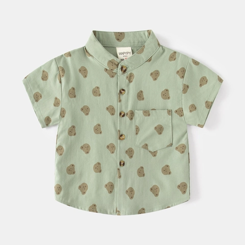 Camicia da Bambino con Stampa Orso Cartone Animato Manica Corta Estiva Casual in Cotone con Bottoni Top Stile Coreano Vestiti
