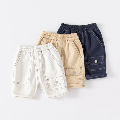 Pantaloncini Cargo in Misto Cotone per Ragazzi Stile Coreano Cuciture a Contrasto Tasche Multiple Pantaloncini Estivi Bambini