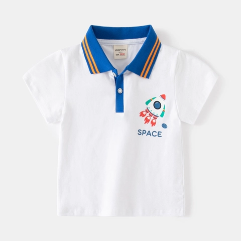 Boys Short Sleeve Polo Shirt Cotton Blend Cartoon Rocket Print Lapel Summer Casual Toddler Kids T-Shirt Breathable Top