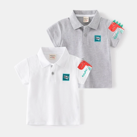 Jongens Casual Katoen Bedrukt Poloshirt Met Cartoon Dinosaurus Patroon Roar Patch Kinderen Zomer Ademend Polo Top
