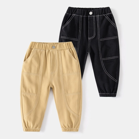 Boys Casual Cotton Cargo Pants Solid Color Kids Long Trousers With Elastic Waist And Contrast Stitching For Everyday Wear
