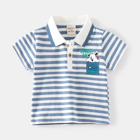 Boys Short Sleeve Polo Shirt Cotton Blend Cartoon Dog Printed Lapel Summer Top Toddler Casual Striped Shirt