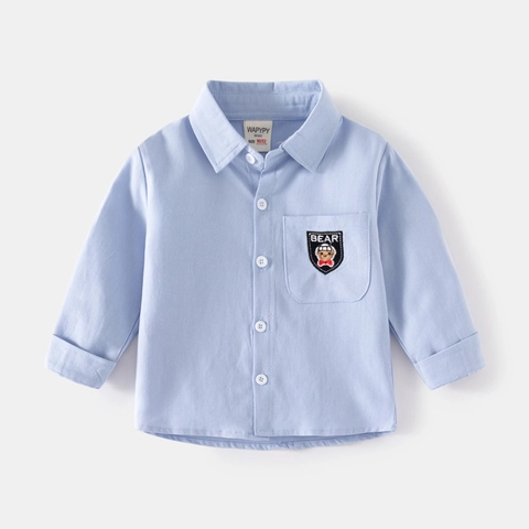 Camicia a Maniche Lunghe in Cotone per Ragazzi Stile Coreano Casual Orsetto Ricamo Tasca Revers Top per Bambini Scuola