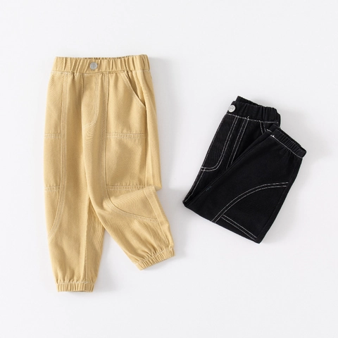 Boys Casual Cotton Cargo Pants Solid Color Kids Long Trousers With Elastic Waist And Contrast Stitching For Everyday Wear