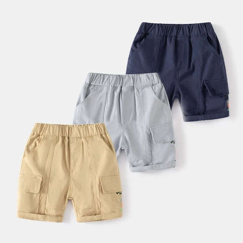 Pantaloncini Cargo da Ragazzo in Misto Cotone Estivi Casual con Ricamo Tasca Bambini Grigio Cachi Blu Marino