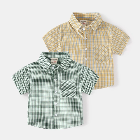 Camicia a Quadri a Maniche Corte da Ragazzo in Cotone Casual Button Down Top per L'estate Bambini Verde Smeraldo Giallo Albicocca