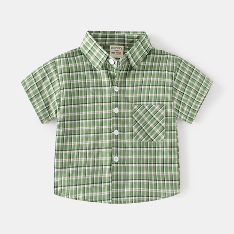 Toddler Boys Casual Short Sleeve Plaid Shirt Cotton Button Down Top Sky Blue Green Checkered Blouse Summer Kids Clothing