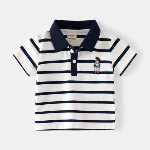 Polo a Strisce da Ragazzo Manica Corta in Misto Cotone Orso Ricamato Top Casual Estivo Stile Coreano Traspirante