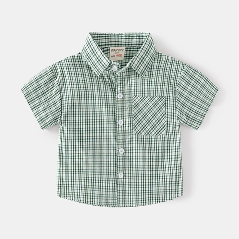 Camicia a Quadri a Maniche Corte da Ragazzo in Cotone Casual Button Down Top per L'estate Bambini Verde Smeraldo Giallo Albicocca