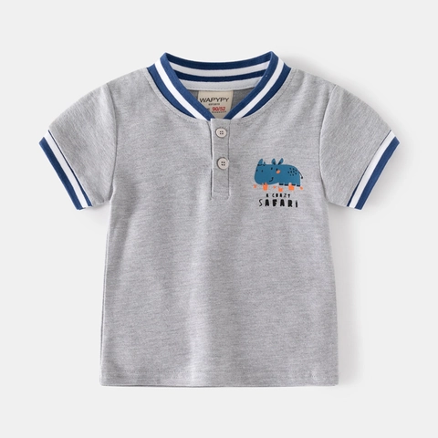 Jongens Zomer Poloshirt Met Korte Mouwen Katoen Cartoon Neushoorn Bedrukt V-Hals Top Casual Kinderen Ademende Kleding