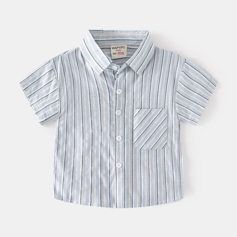 Jungen 100% Baumwolle Kurzarm Gestreiftes Hemd Casual Umlegekragen Top Mit Vordertasche Koreanischer Stil Sommerkleidung Kinder