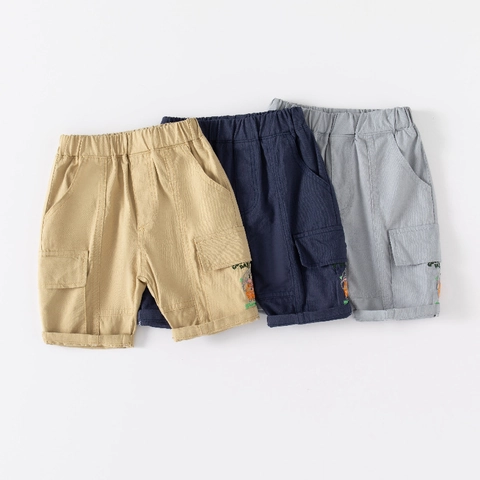 Pantaloncini Cargo da Ragazzo in Misto Cotone Estivi Casual con Ricamo Tasca Bambini Grigio Cachi Blu Marino
