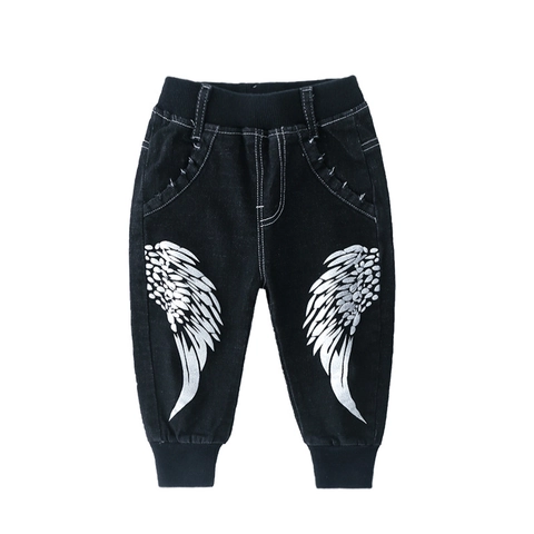 Kids Boys Denim Jogger Pants Wing Print Elastic Waist Jeans Streetwear Casual Autumn Pants Children Bottoms Cotton Blend