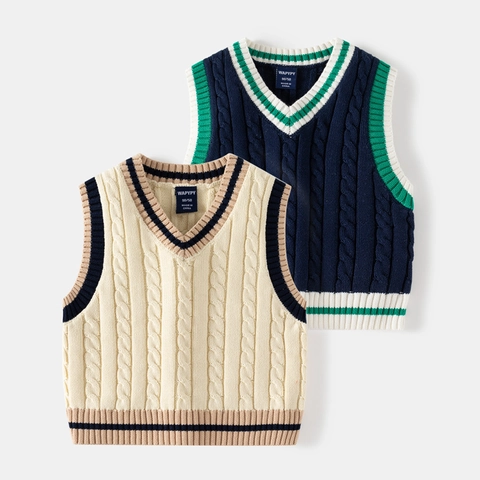 Jungen Baumwolle Zopfmuster Strickweste V-Ausschnitt Ärmellos Pullover Kleinkinder Kinder Herbst Kontraststreifen Schule Preppy