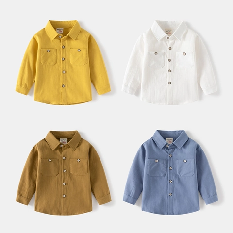 Kids Boys Long Sleeve Cotton Shirt Solid Color Square Collar Button Down Top With Double Pockets Casual Korean Style Clothes