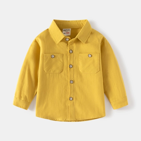 Kids Boys Long Sleeve Cotton Shirt Solid Color Square Collar Button Down Top With Double Pockets Casual Korean Style Clothes