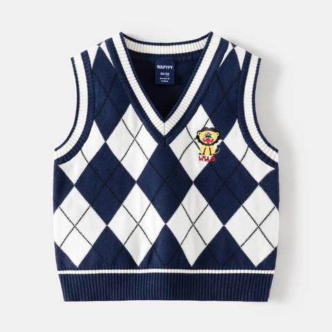 Boys V Neck Knit Sweater Vest Cotton Sleeveless Argyle Preppy School Style Cartoon Lion Embroidery Pullover Kids Autumn Clothing