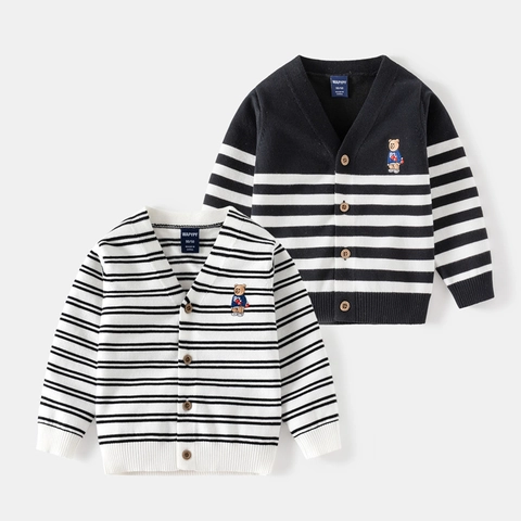 Cardigan in Maglia a Righe per Bambini Stile Coreano Ricamo di Orso Scollo a V Monopetto Top in Lana Autunnale Casual