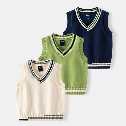 Kleinkind Baby Jungen V-Ausschnitt Strickweste Preppy-Stil Kontraststreifen Baumwollmischung Pullover Weste Herbst Frühling Kinder Weste