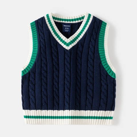 Jungen Baumwolle Zopfmuster Strickweste V-Ausschnitt Ärmellos Pullover Kleinkinder Kinder Herbst Kontraststreifen Schule Preppy