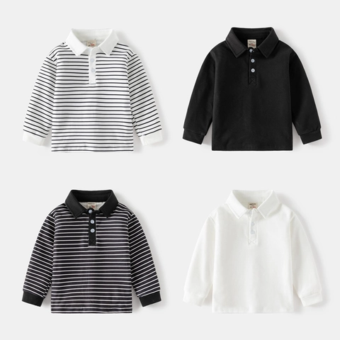 Kids Boys Long Sleeve Polo Shirt Autumn Thickened Turn-down Collar Striped Solid Color Top Casual Boys Base Layer Clothing