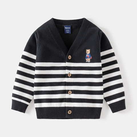 Cardigan in Maglia a Righe per Bambini Stile Coreano Ricamo di Orso Scollo a V Monopetto Top in Lana Autunnale Casual