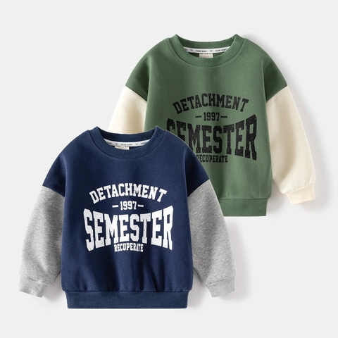Jongens Katoen Casual Kleurblok Sweatshirt Letterprint Ronde Hals Lange Mouw Pullover Tops Voor Kinderen School Dagelijks
