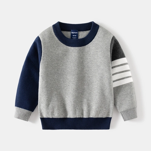 Koreaanse Stijl Jongens Katoenmix Pullover Herfst Kleurblok Gestreepte Breigoed Ronde Hals Lange Mouw Top Voor Kinderen
