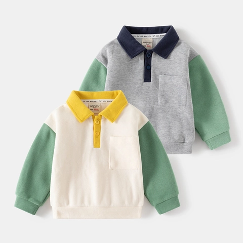 Jongens Mode Kleurblok Sweatshirt Herfst Lange Mouw Polokraag Pullover Koreaanse Stijl Kinderen Katoenmix Patchwork Top
